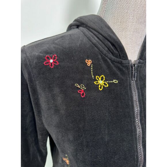 Vintage Y2K Black Velour Floral Embroidered Track Jacket Hoodie size M/L - Picture 7 of 9